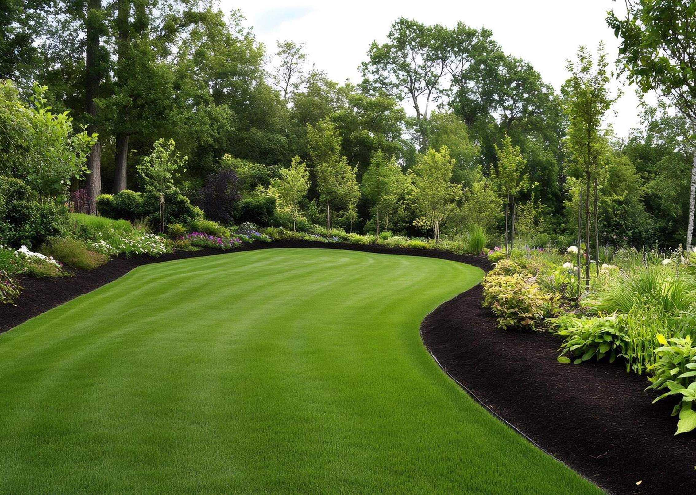 A vibrant lawn featuring lush green grass complemented by rich black mulch, showcasing Avalawn's landscaping design.