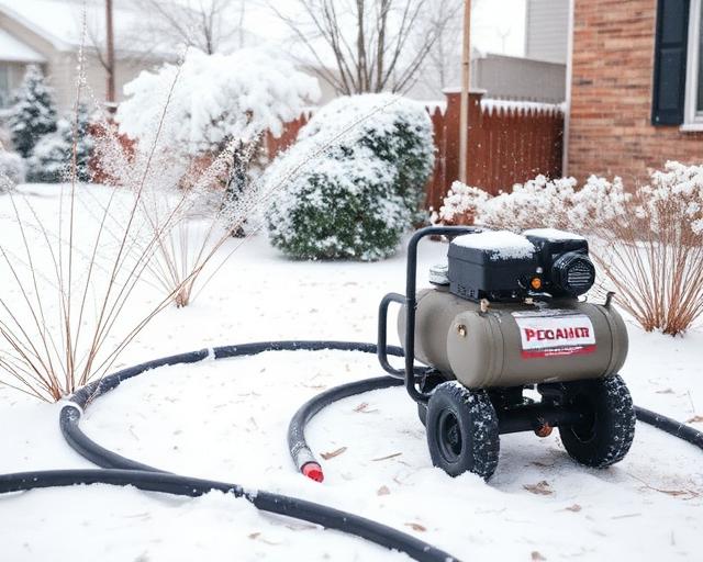 An air compressor named 'Avalawn' positioned in the snow, showcasing its compact size.