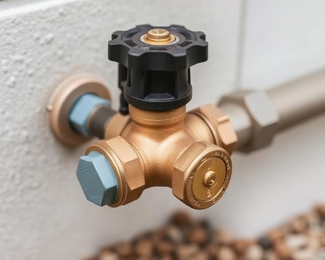 Close-up of a water valve mounted on a wall, labeled "Avalawn," showcasing its details and functionality.