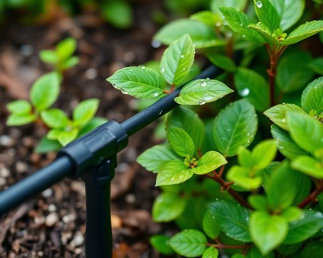 A garden hose is connected to a plant, showcasing a sprinkler repair by Avalawn.