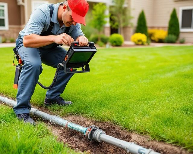 A man in a red hat and shirt checks the water line with a handheld device in a setting labeled Avalawn.
