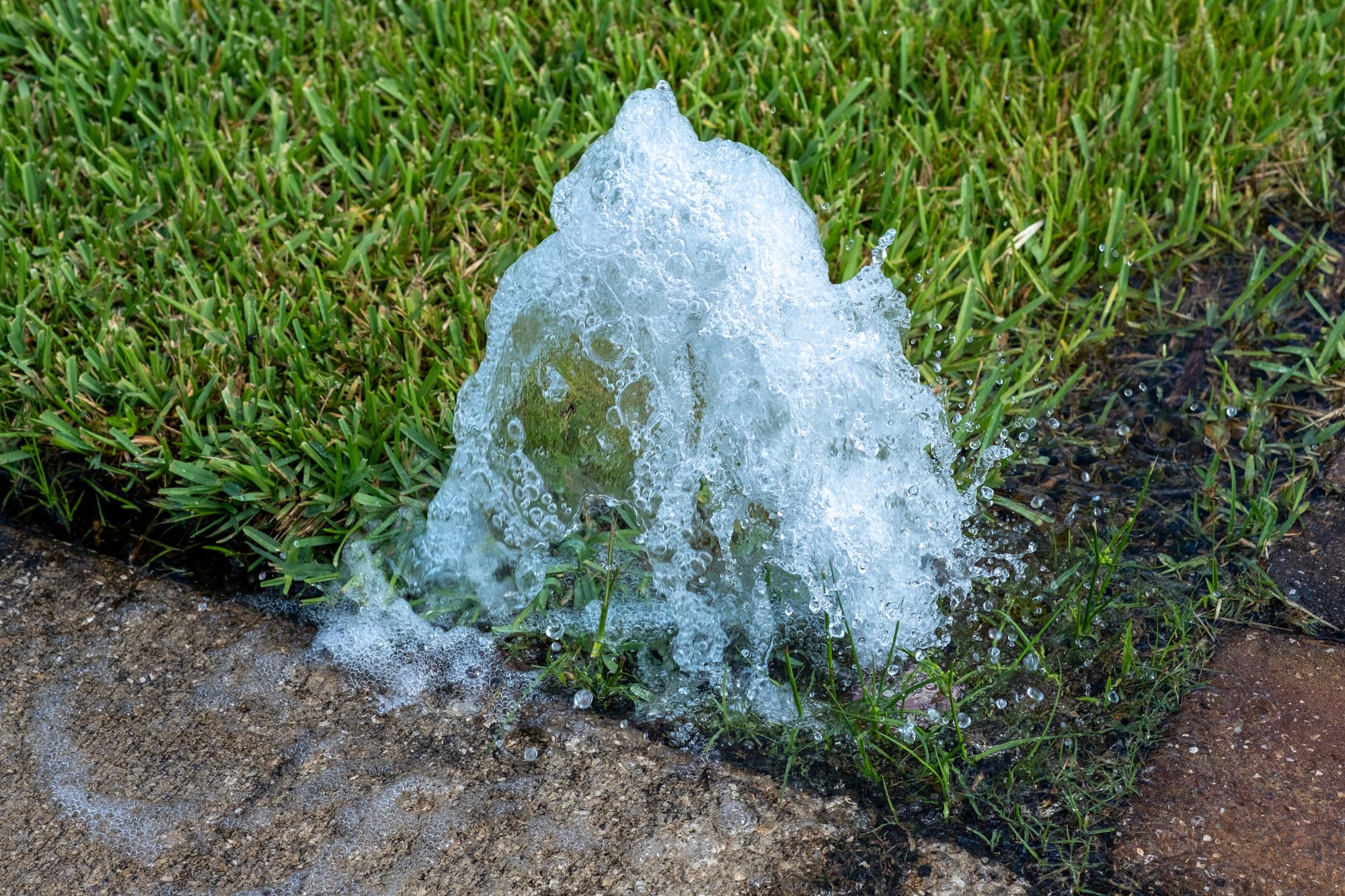 A water fountain surrounded by grass in Avalawn, creating a serene outdoor atmosphere.