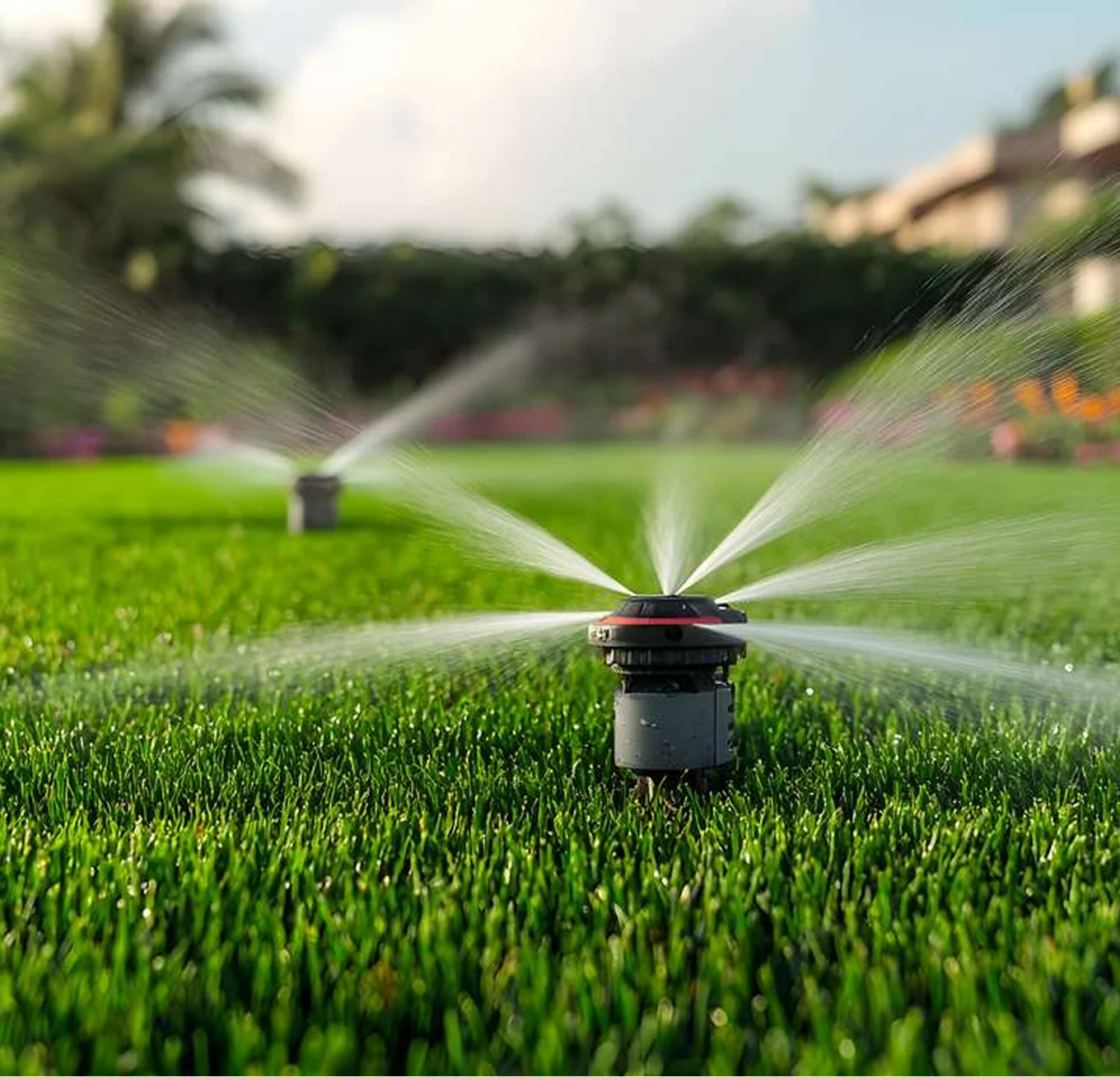 green lawn sprinkler spraying water closeup