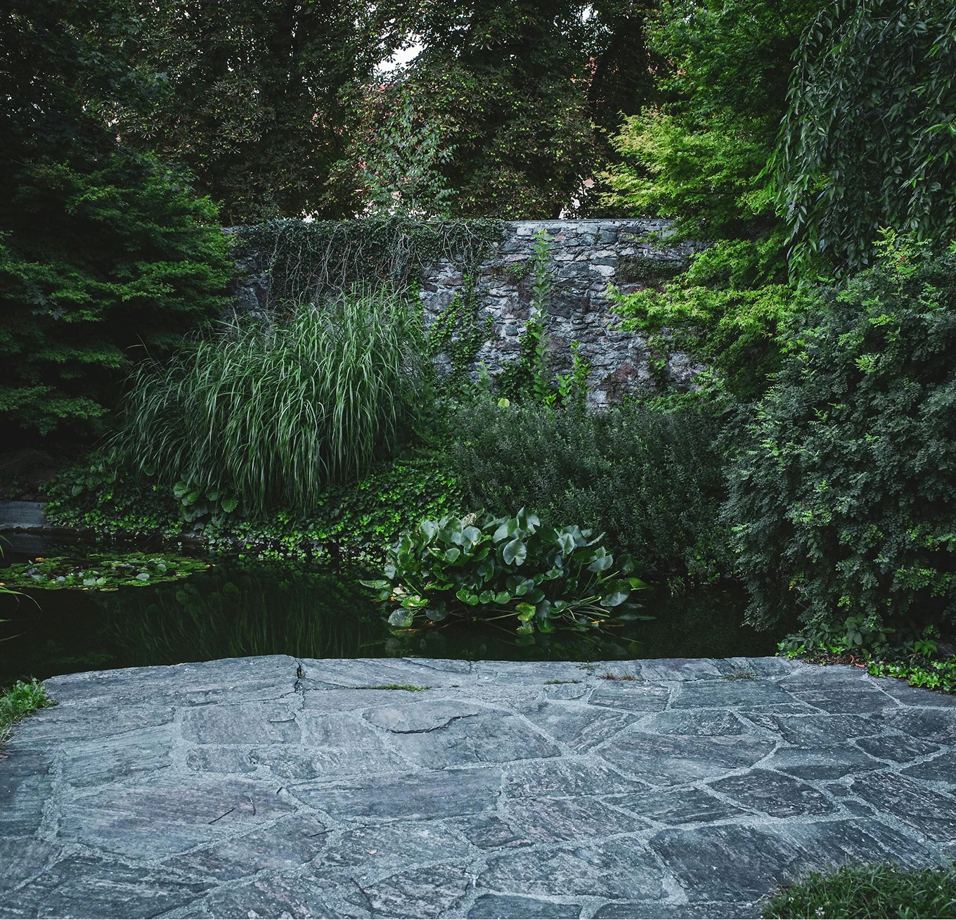 lush green garden pond stone patio