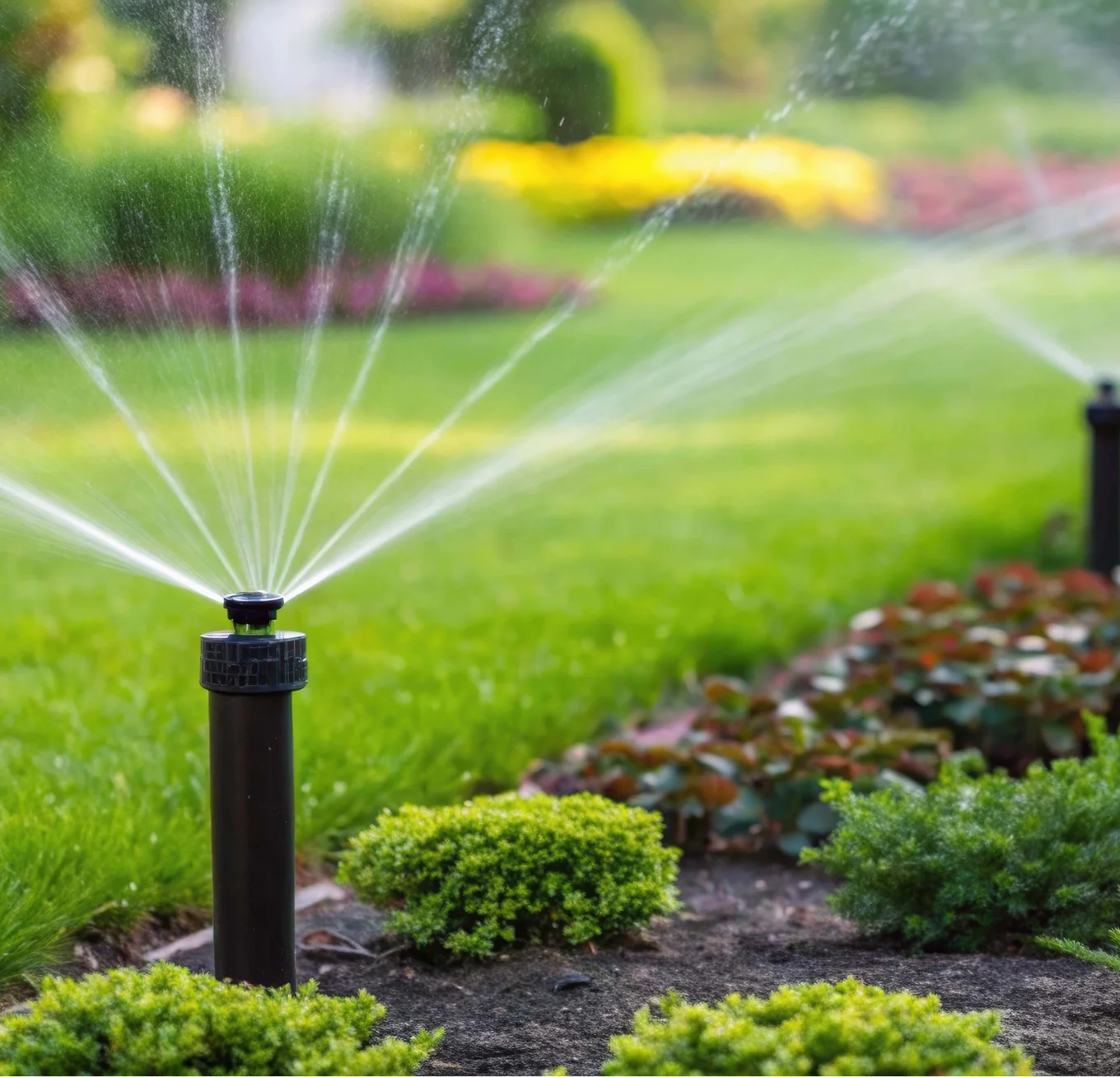 black pop up sprinkler watering green lawn