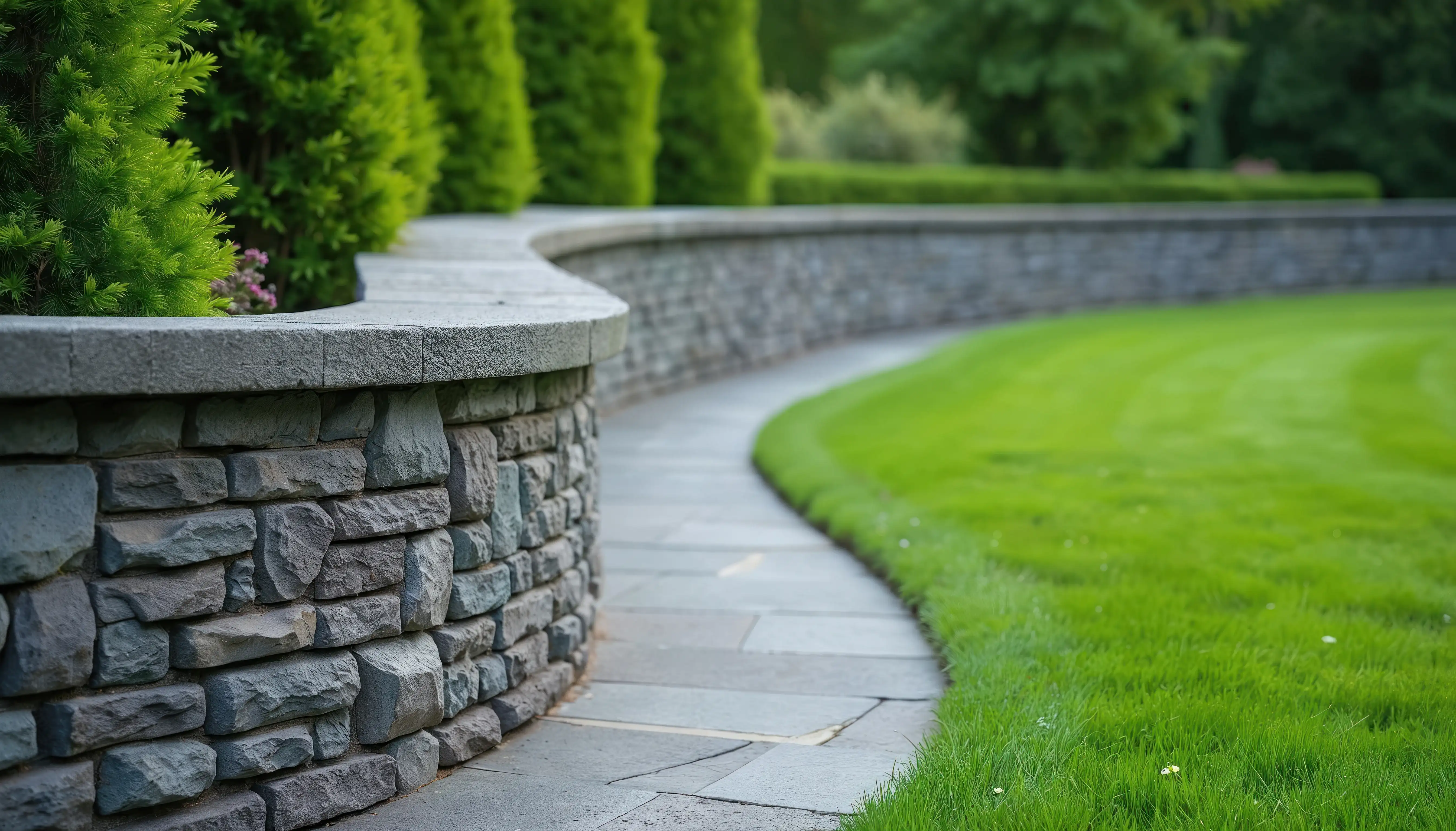 curved stone retaining wall paved walkway green lawn
