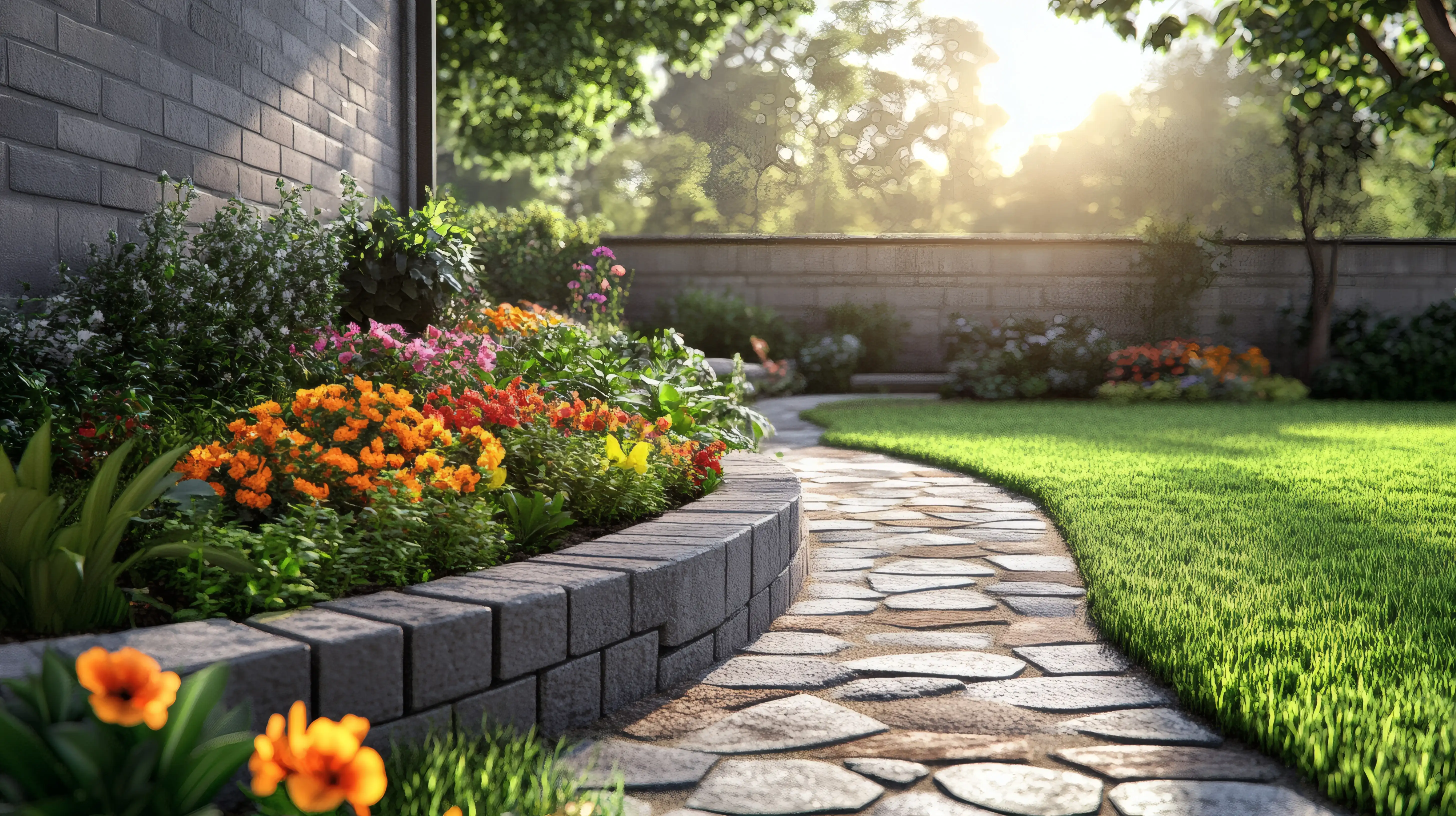 sunlit stone pathway with orange flowers