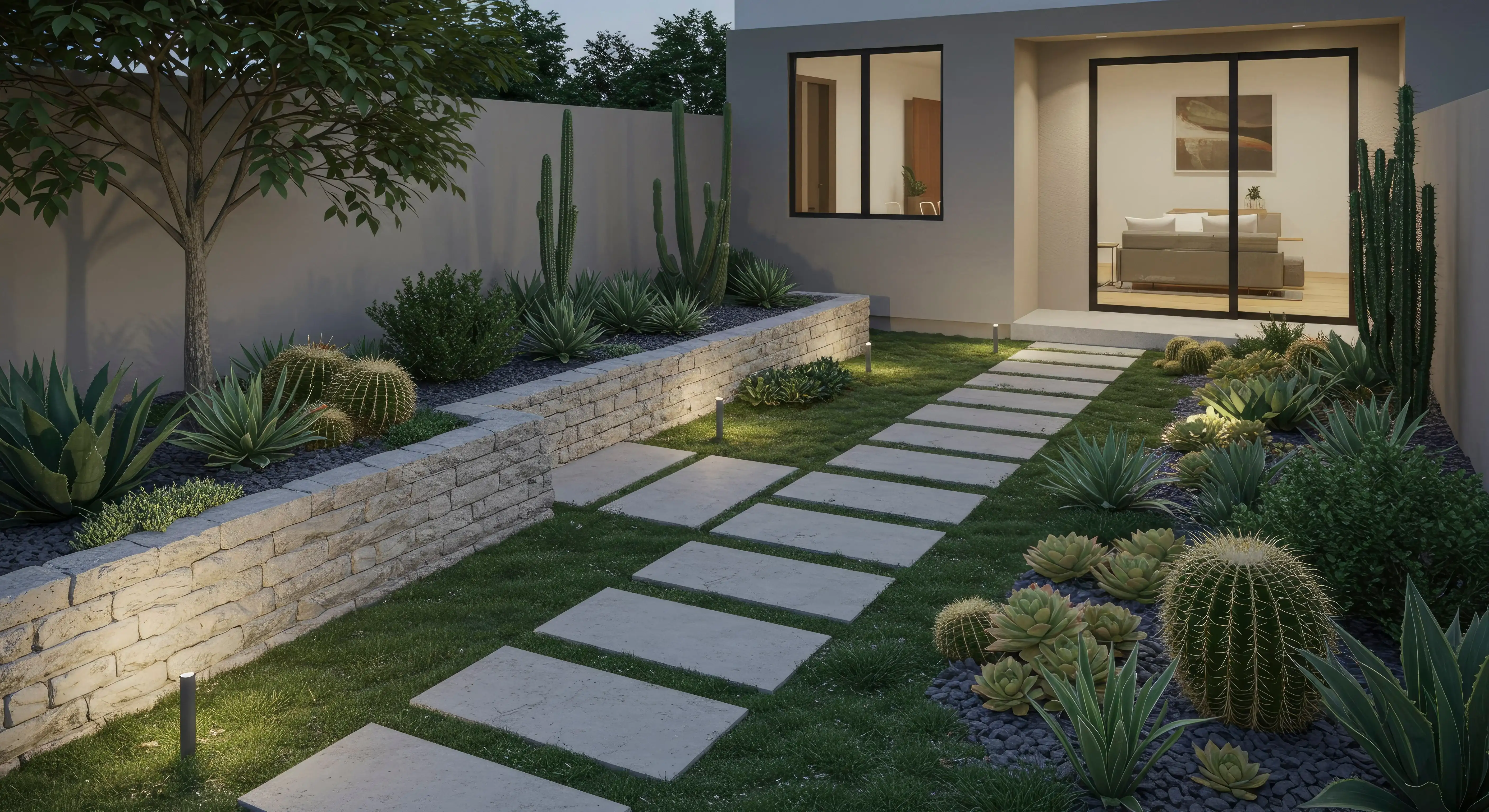 modern backyard stepping stone path succulents evening lighting