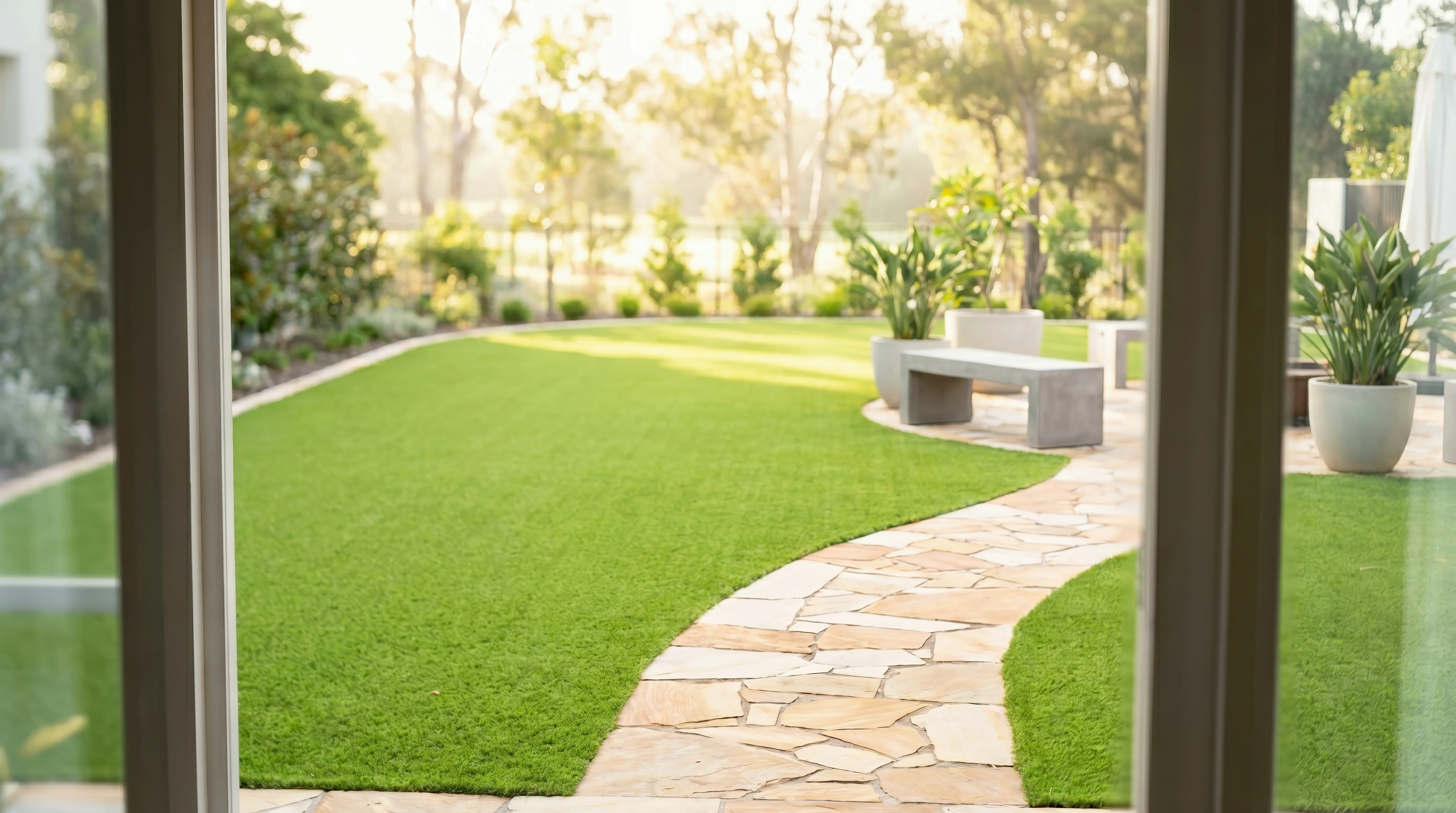 sunlit curved stone pathway green lawn