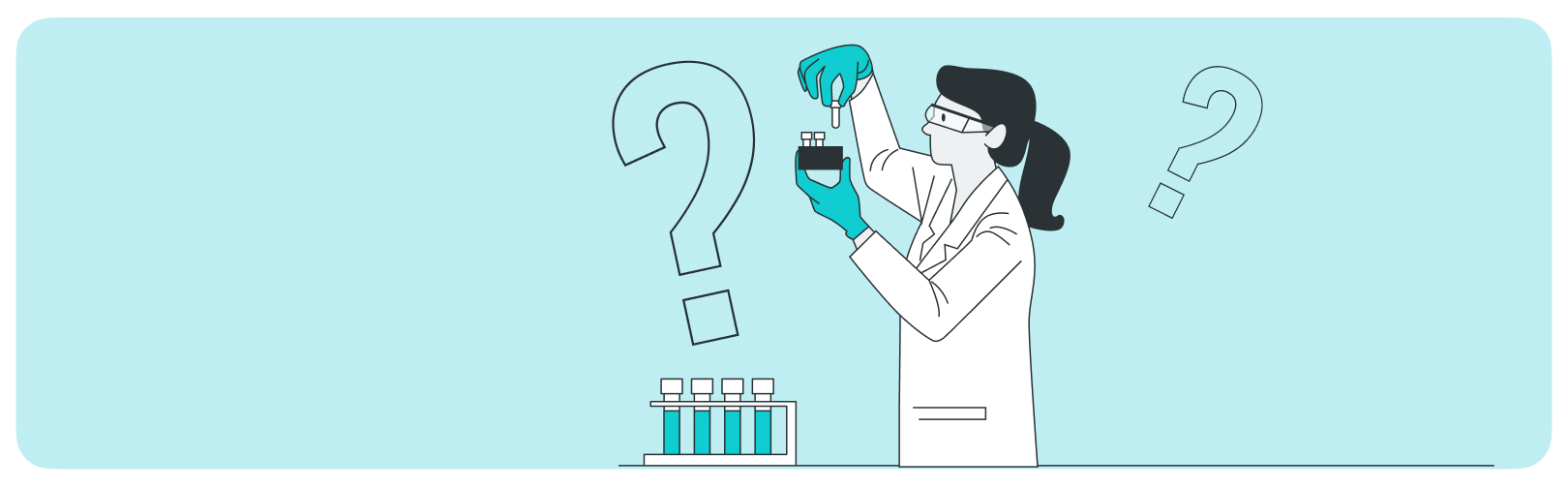 researcher holding test tubes, question marks