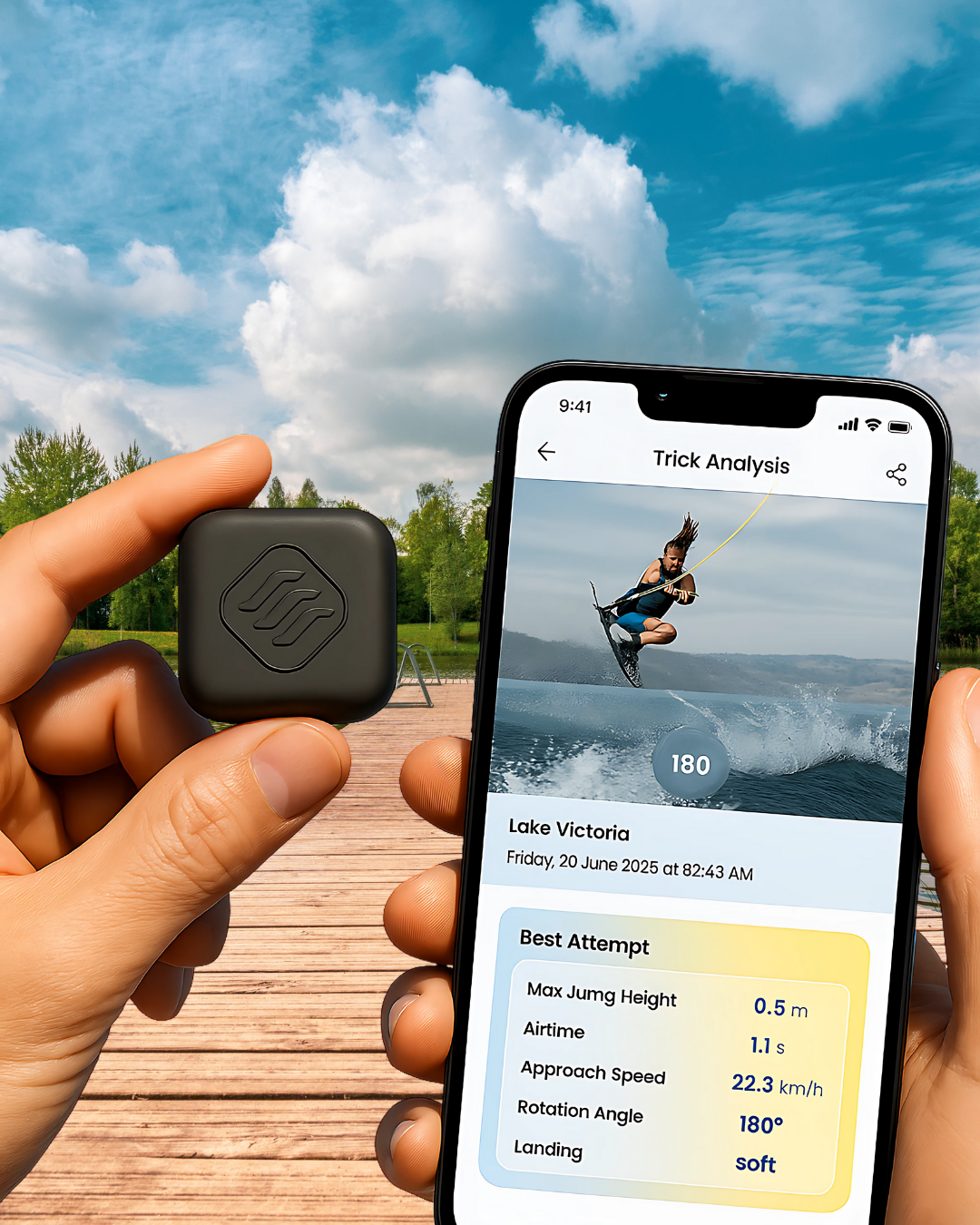 The wakemate device and app, held by an excited rider from a POV.