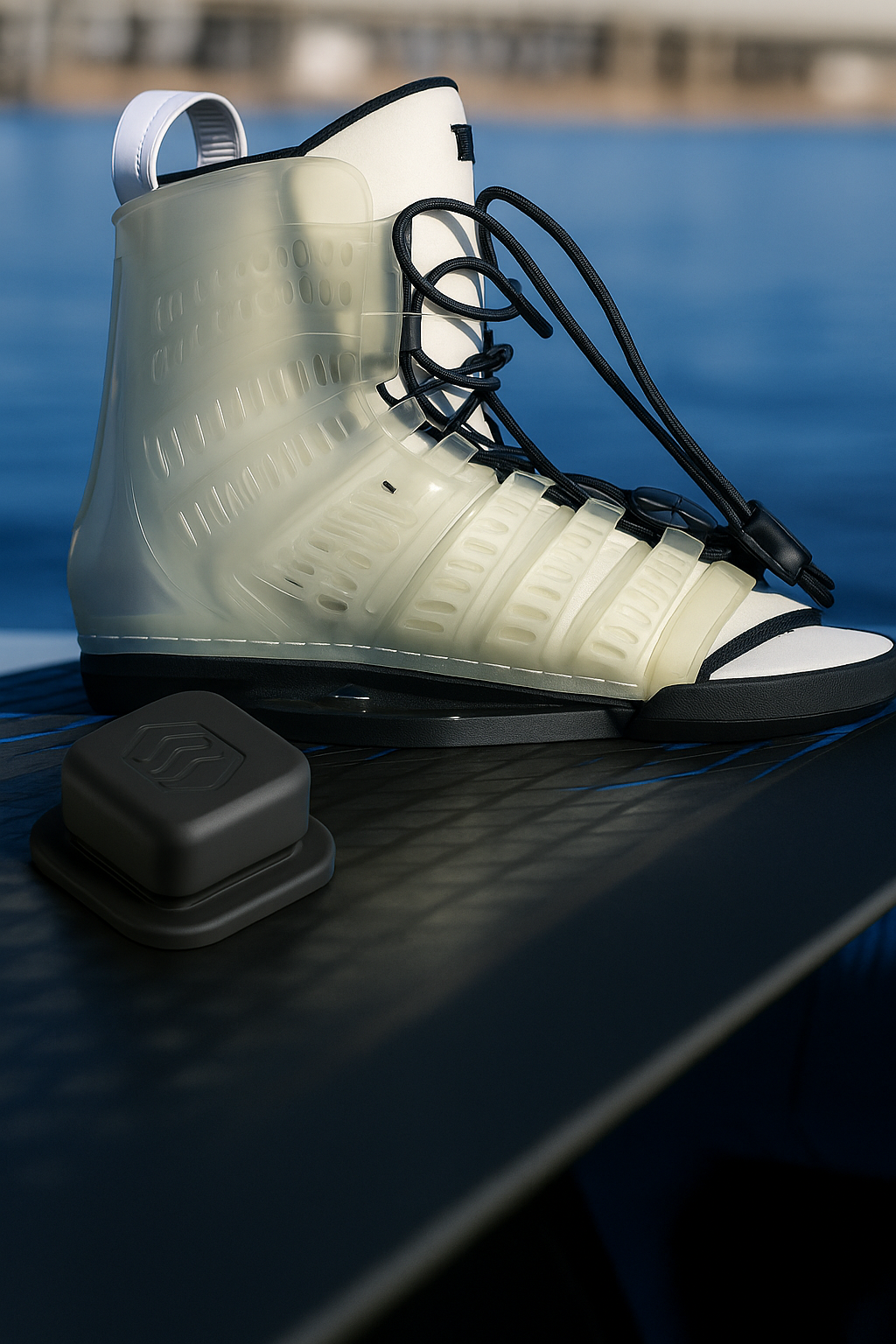 A wakeboard with the WakeMate device attached in between the bindings