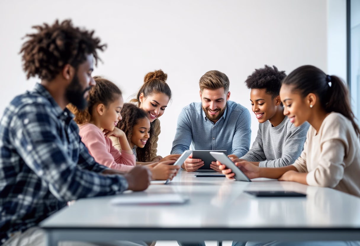 image of a teacher interacting with students using digital tools