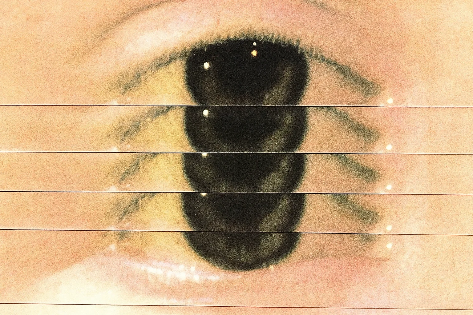 Close-up of a human eye with horizontal glitch-like distortions creating multiple overlapping pupil reflections.