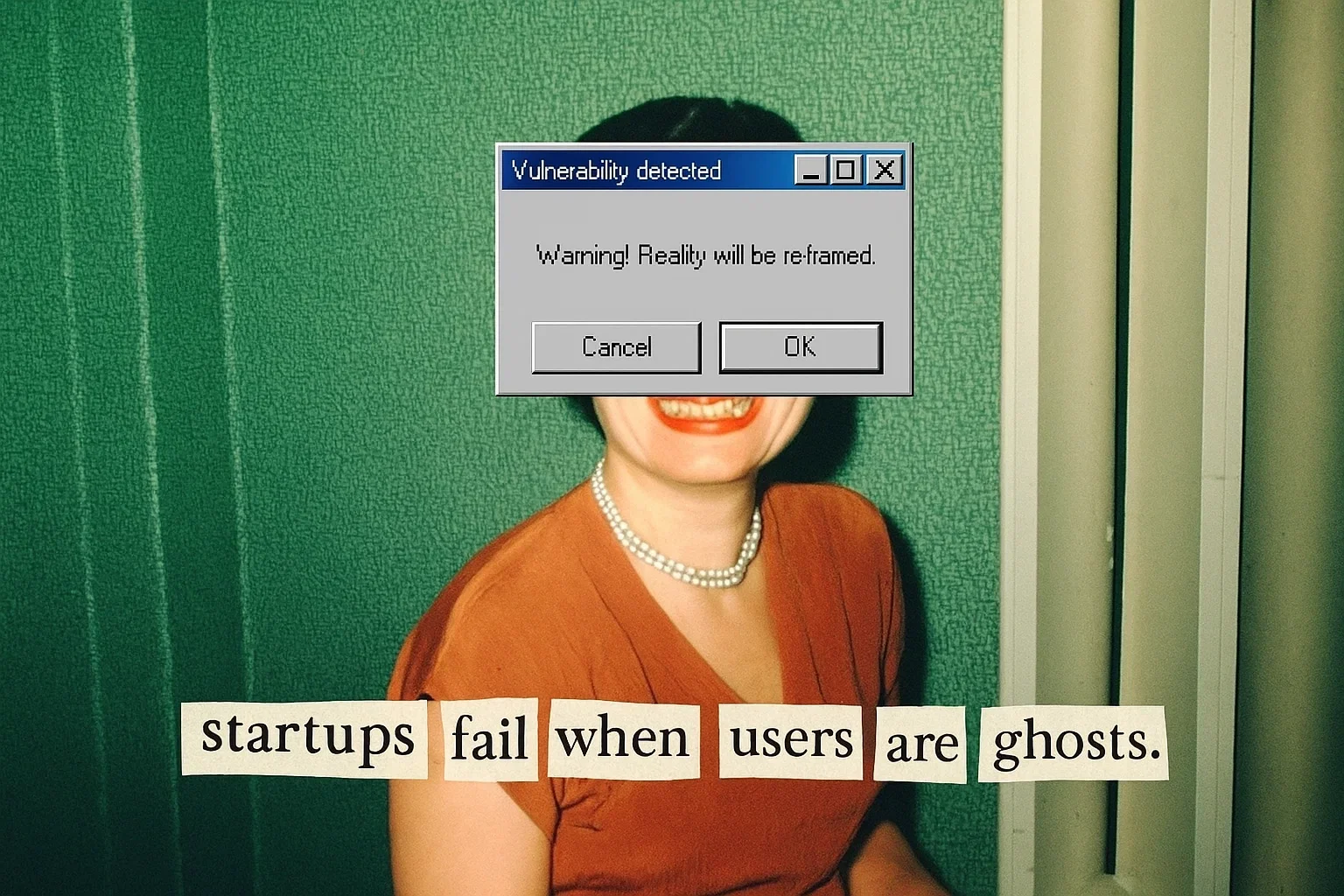 Smiling woman wearing a pearl necklace and an orange top with a retro computer warning box over her eyes reading 'Vulnerability detected. Warning! Reality will be re-framed.' Below is text made from cut-out letters saying 'startups fail when users are ghosts.'