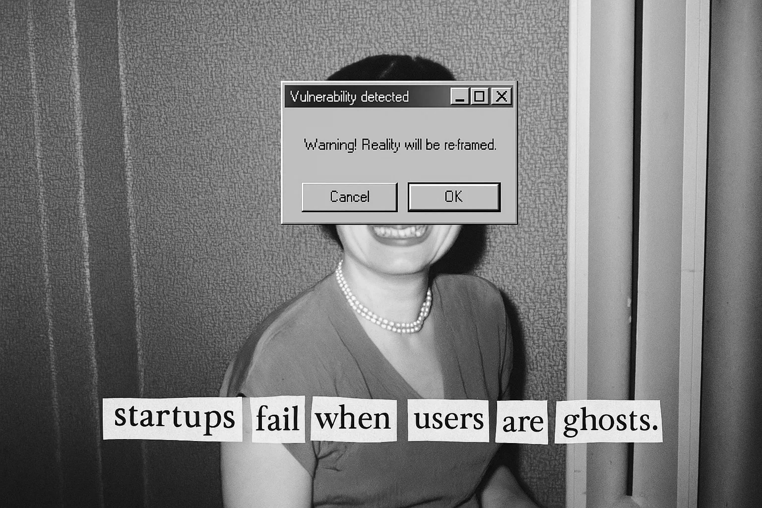Black-and-white photo of a smiling woman with a vintage computer alert box over her eyes reading 'Vulnerability detected - Warning! Reality will be re-framed.' Below her, cut-out letters spell 'startups fail when users are ghosts.'