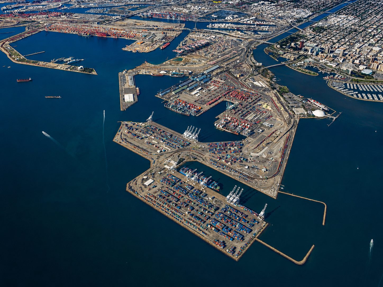 Aerial view of the Port of Long Beach container terminals, where demurrage charges accrue on containers left past free time