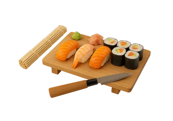 Frische Sushi Zutaten und Utensilien
