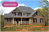 Two-story brick house with large front porch, multiple windows, and leafless trees in the yard labeled Open House.