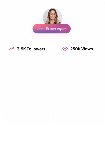 Profile picture of a smiling woman labeled Local Expert Agent with stats showing 3.5K followers and 250K views.
