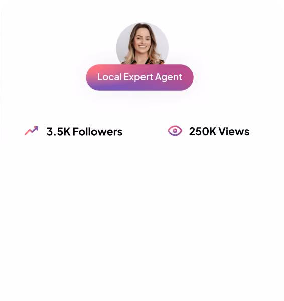 Headshot of a smiling woman above a purple gradient badge labeled 'Local Expert Agent' with 3.5K Followers and 250K Views stats below.