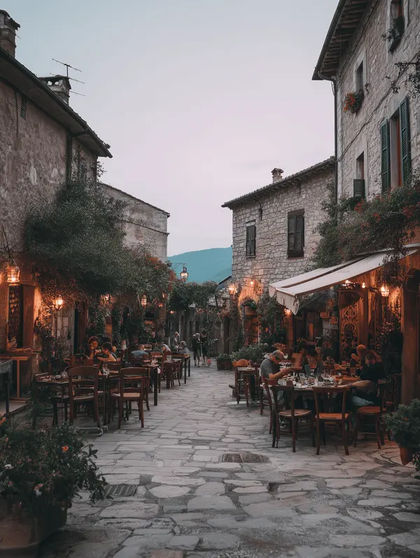 Romantic street in Italian village with restaurants on the side of the street