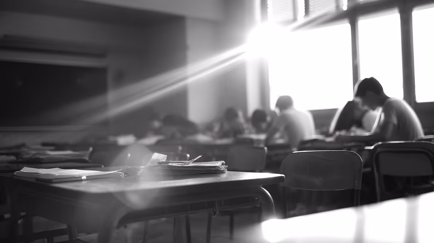 Salle de classe baignée de lumière naturelle où les élèves travaillent concentrés, symbolisant l’apaisement et le retour au calme une fois les téléphones neutralisés.