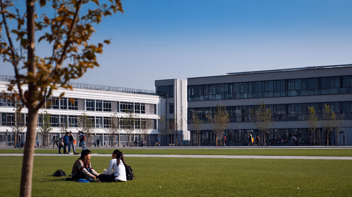 Deux élèves assis sur la pelouse d’un établissement scolaire moderne, discutant calmement sans téléphone portable.