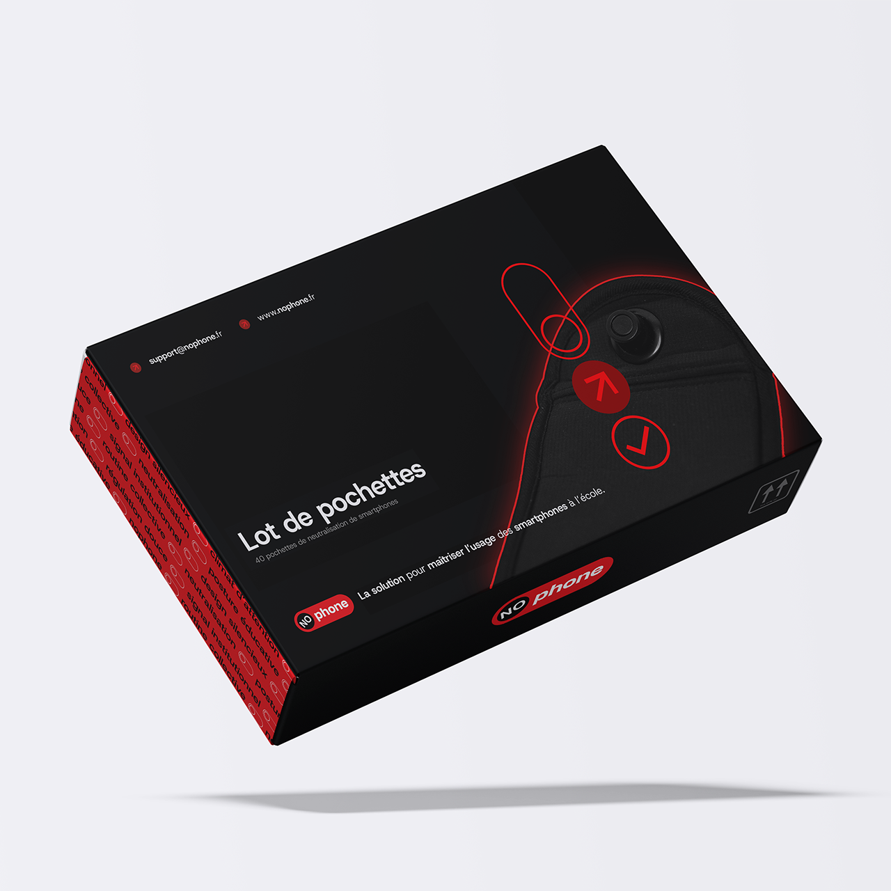 NoPhone | Boîte échantillon contenant une pochette anti-onde pour téléphone sur fond blanc uni