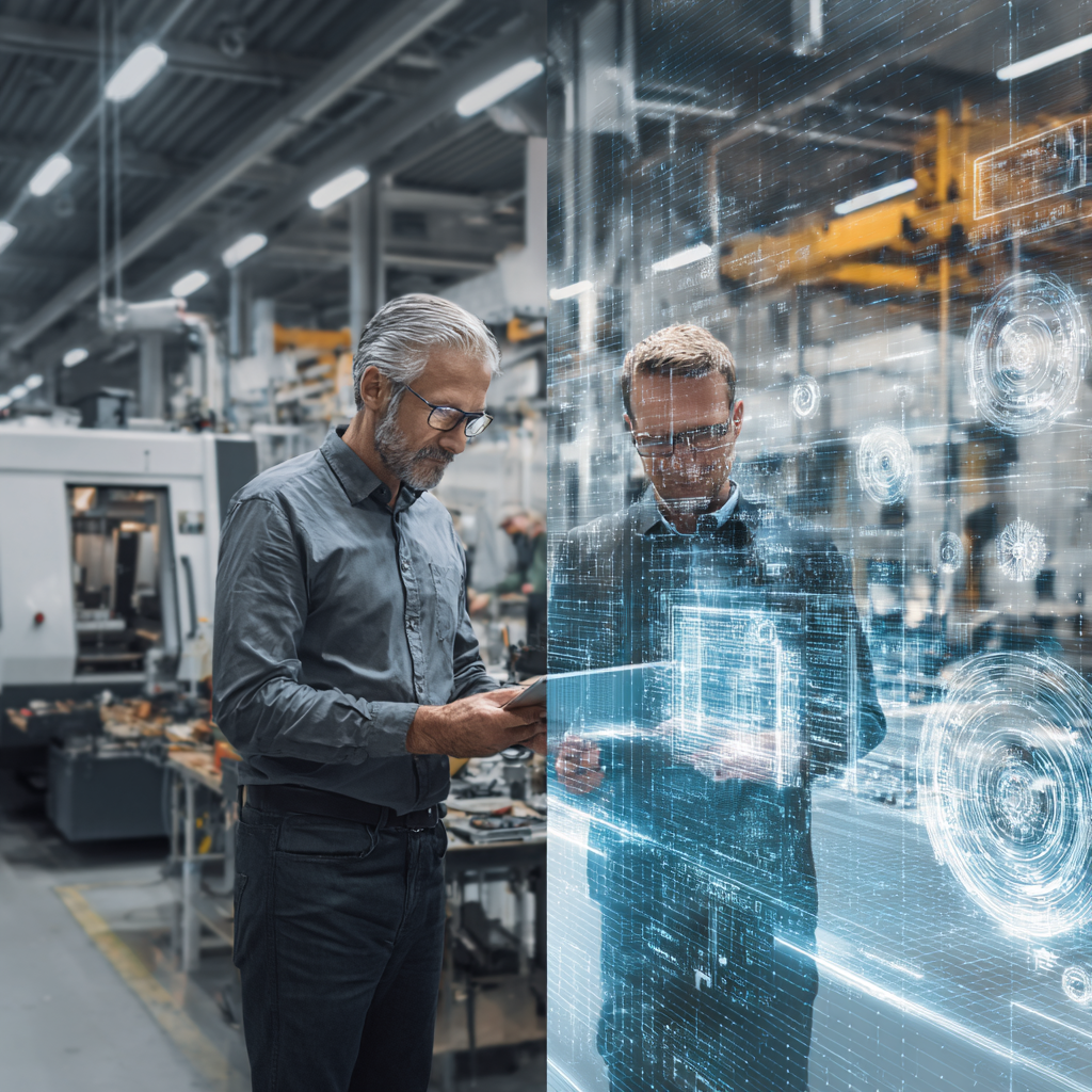 zwei professionell gekleidete menschen arbeiten mit tablets in einer werkhalle