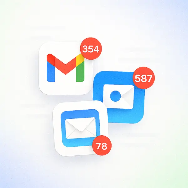 Icons of three email apps (Gmail, Spark, and Apple Mail) each with red notification badges showing unread counts of 354, 587, and 78 respectively.