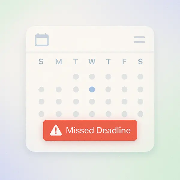 Digital calendar showing weekly days with a red warning message stating Missed Deadline.
