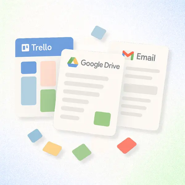 Illustration of three overlapping app windows labeled Trello, Google Drive, and Email with colorful rectangular shapes below.
