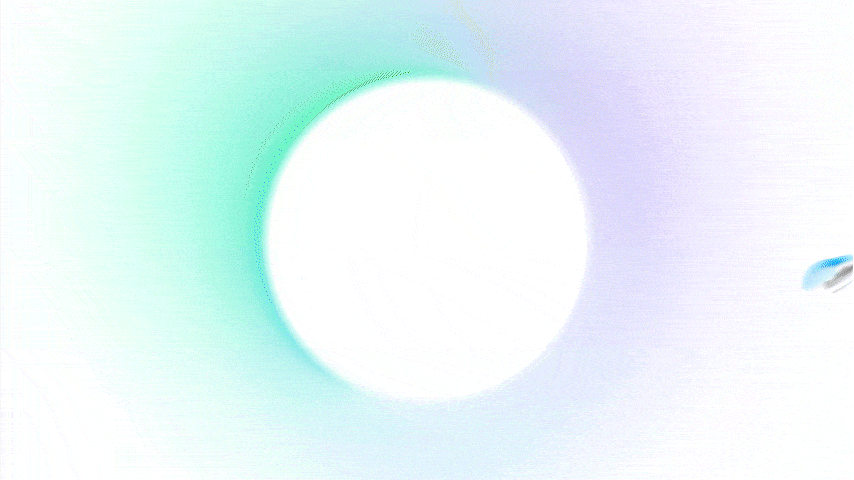 Animated GIF showing a glowing white circle with shifting green and purple light waves radiating outward on a pale background.