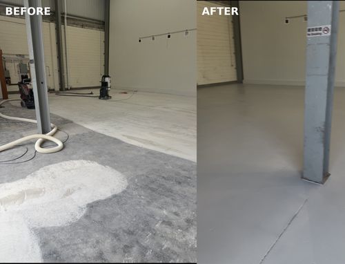 Before-and-after comparison of the ground concrete slab and completed grey epoxy floor