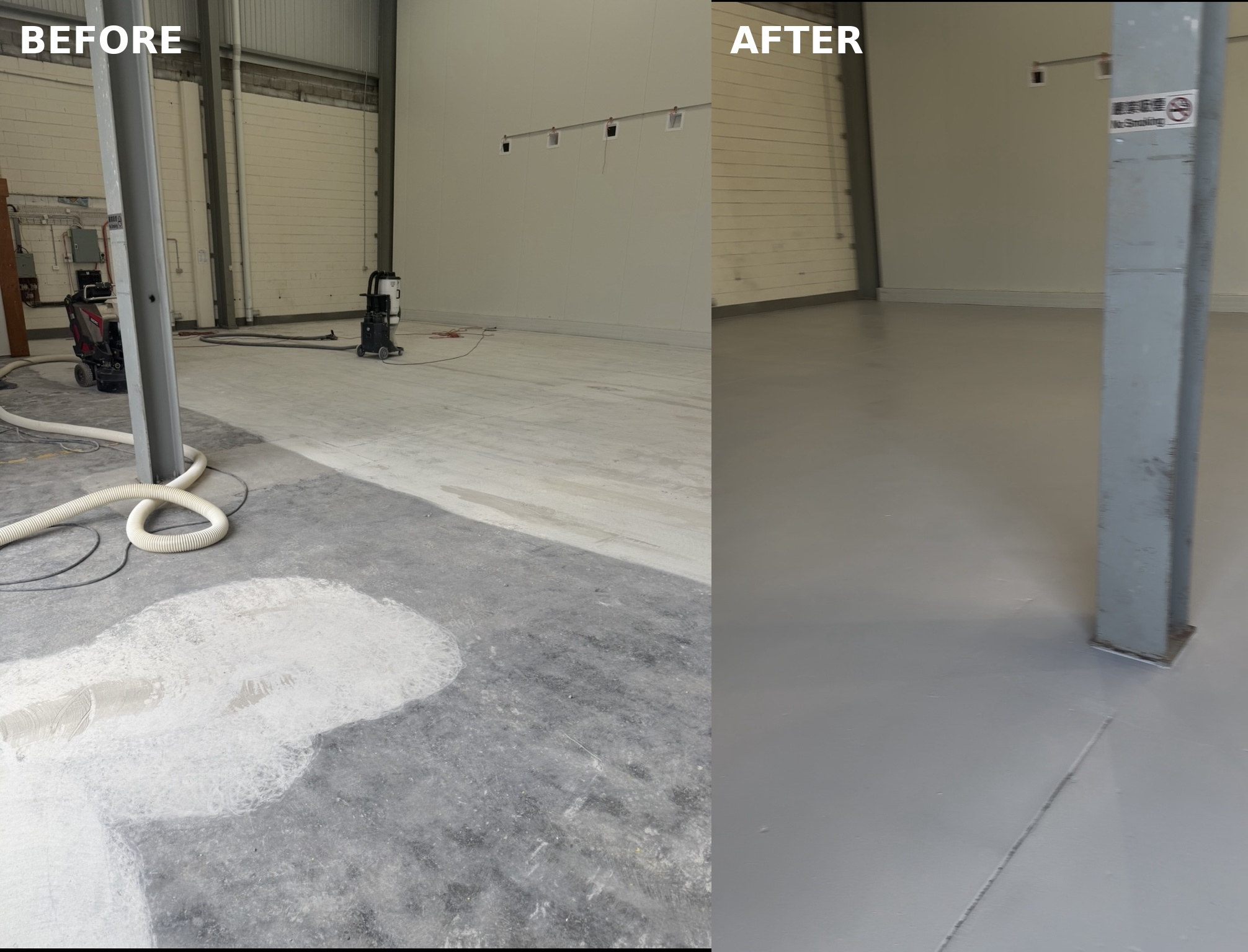 Before-and-after comparison of the ground concrete slab and completed grey epoxy floor