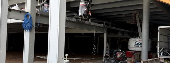 Industrial dust extractor positioned on the elevated commercial slab during remedial grinding