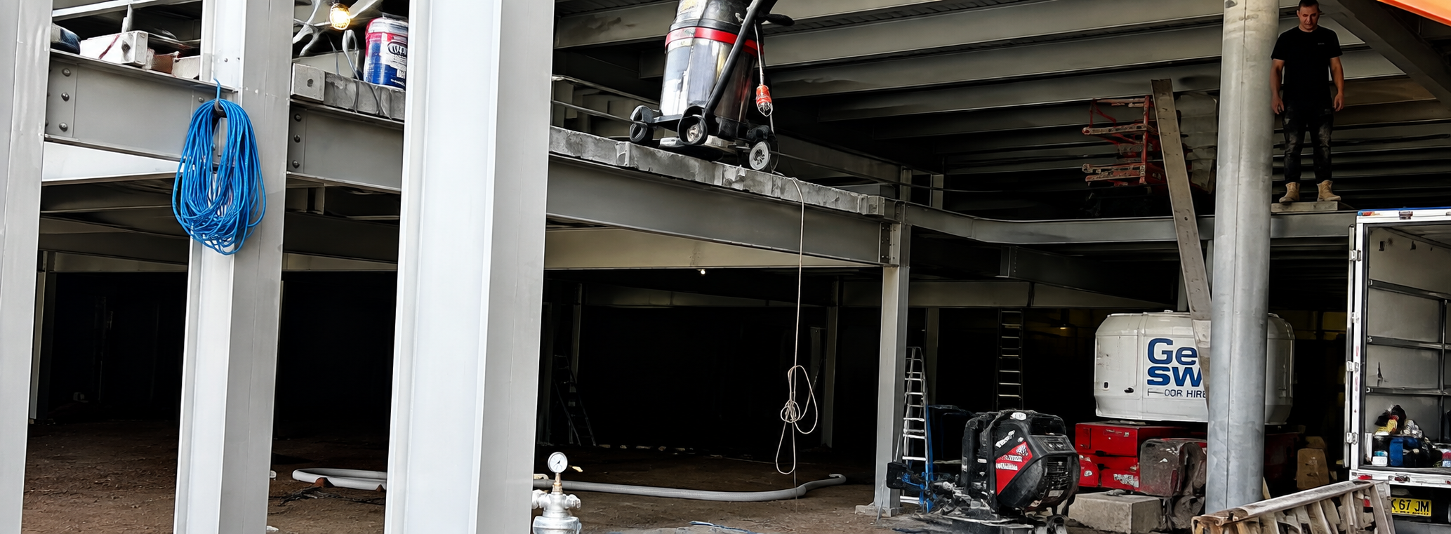 Industrial dust extractor and worker positioned on the elevated commercial slab