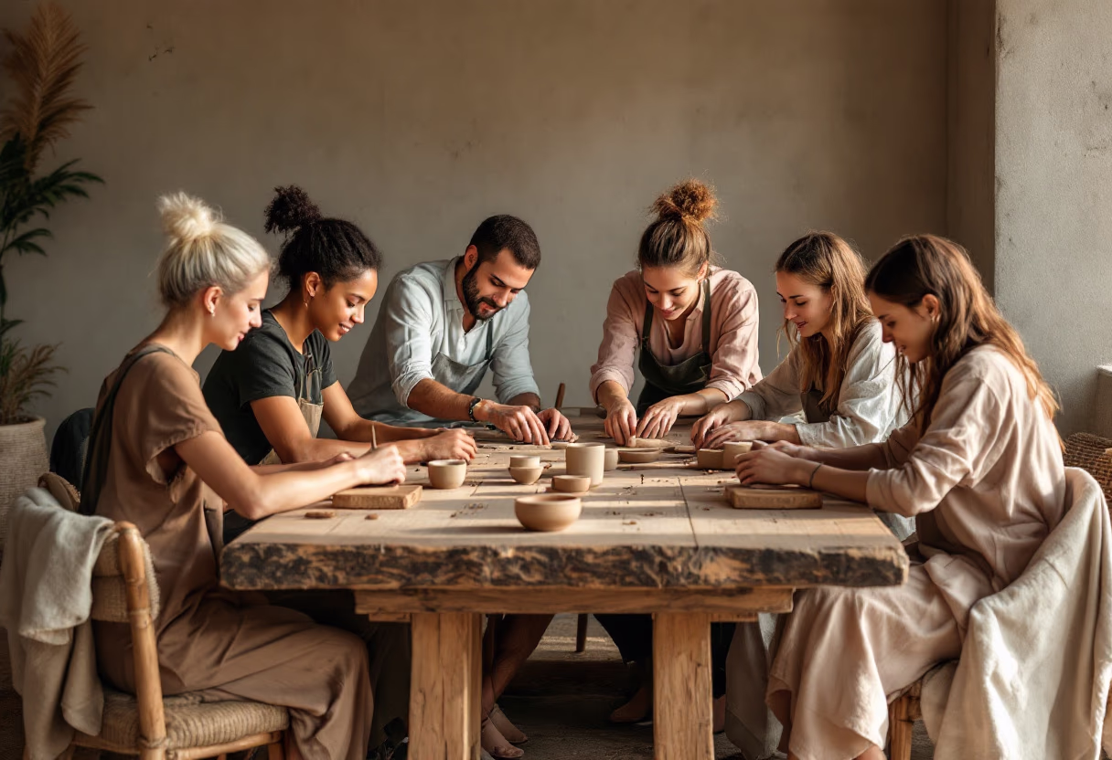 image of educational workshops in progress at an environmental conservation nonprofit, engaging small groups of diverse participants in natural texture settings