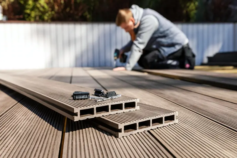 Installer fastening Tarimatec composite decking with hidden clips