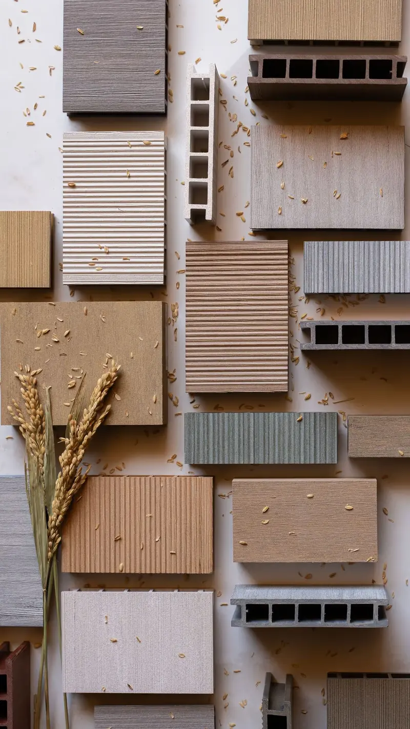 A wall of Tarimatec composite decking colour and finish samples