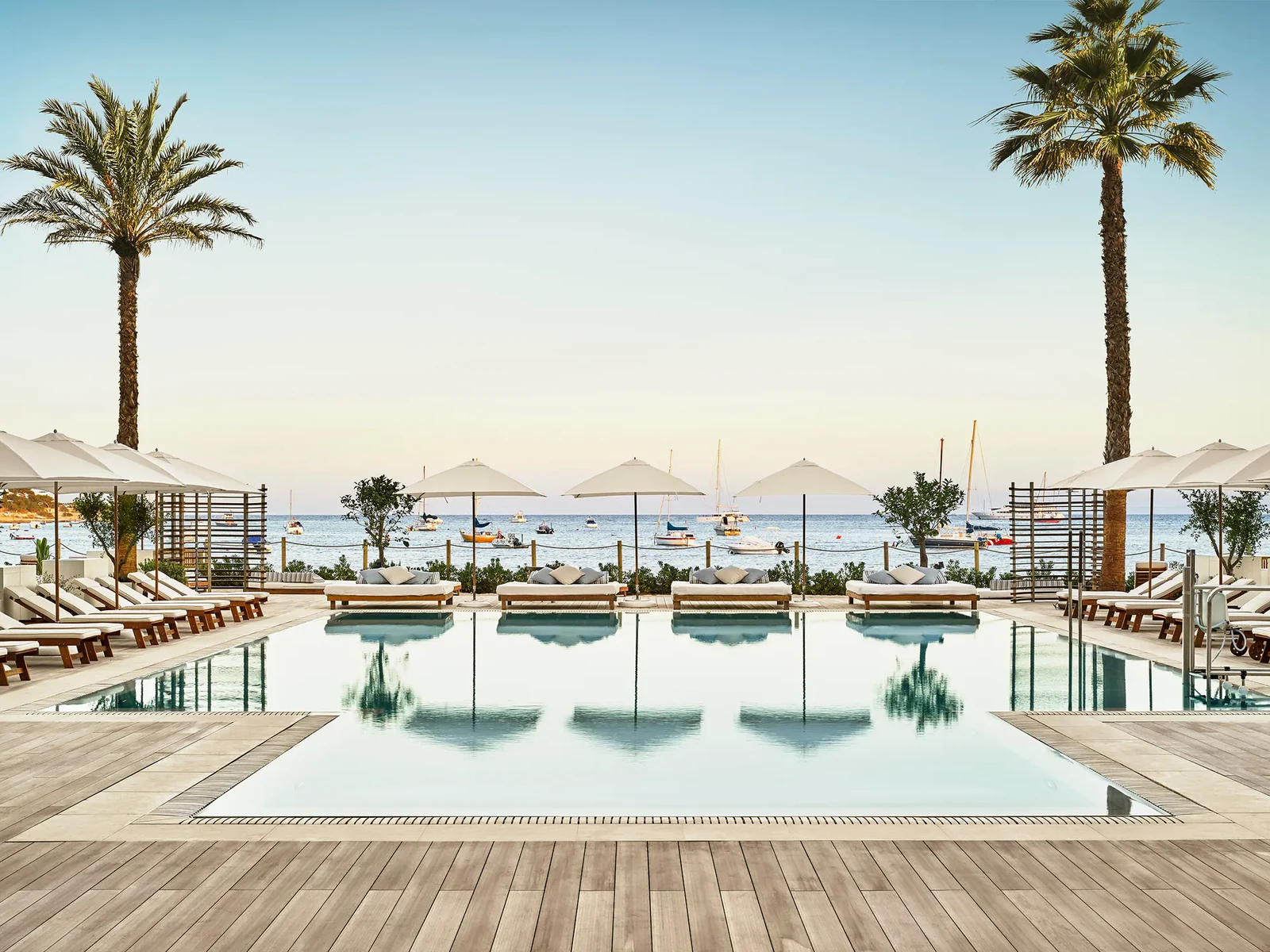 The seafront pool and sun deck at Nobu Hotel Ibiza Bay, Talamanca, Ibiza