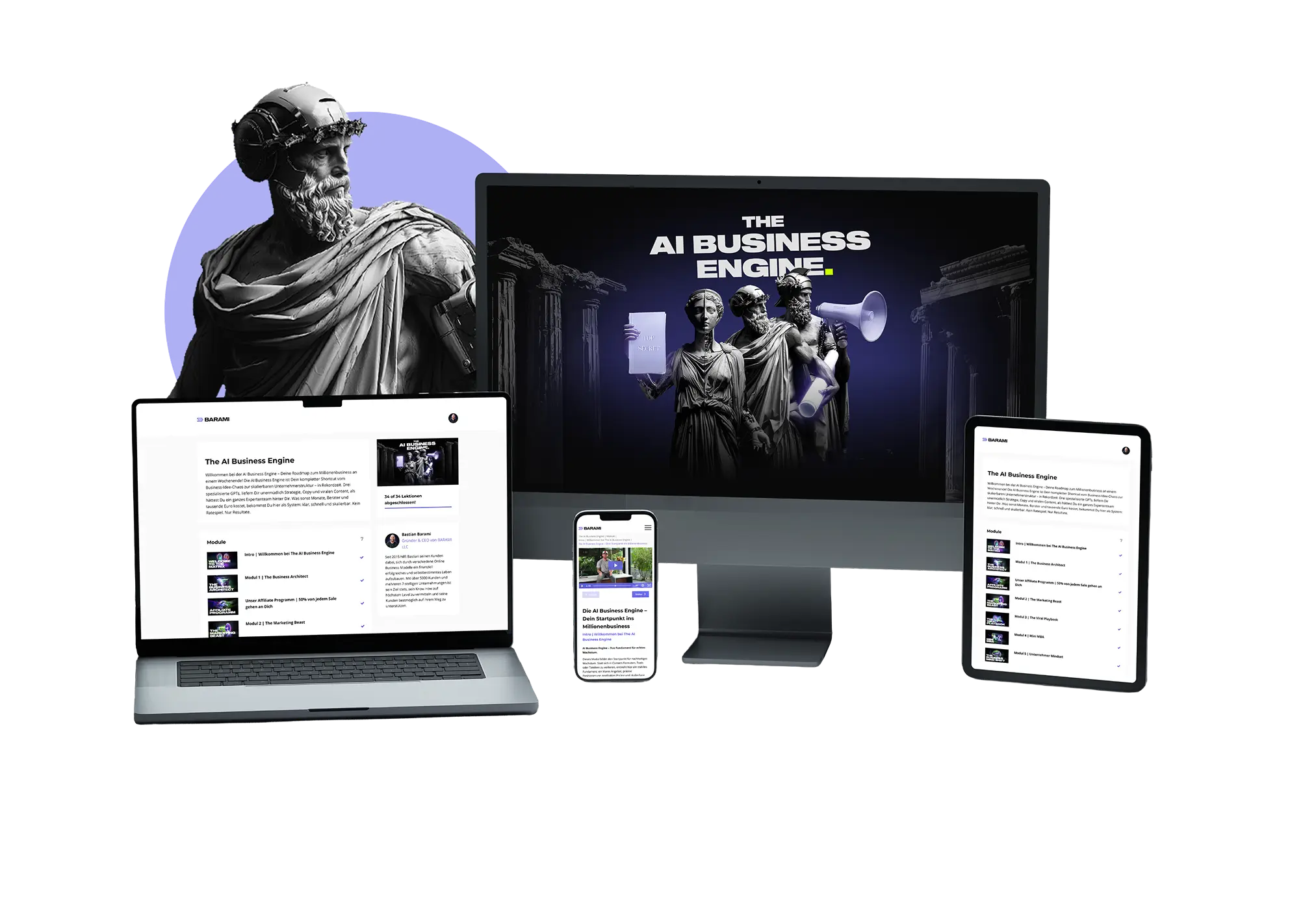 Digital display of The AI Business Engine on desktop, laptop, tablet, and smartphone screens with classical statue figure wearing a VR headset in background.