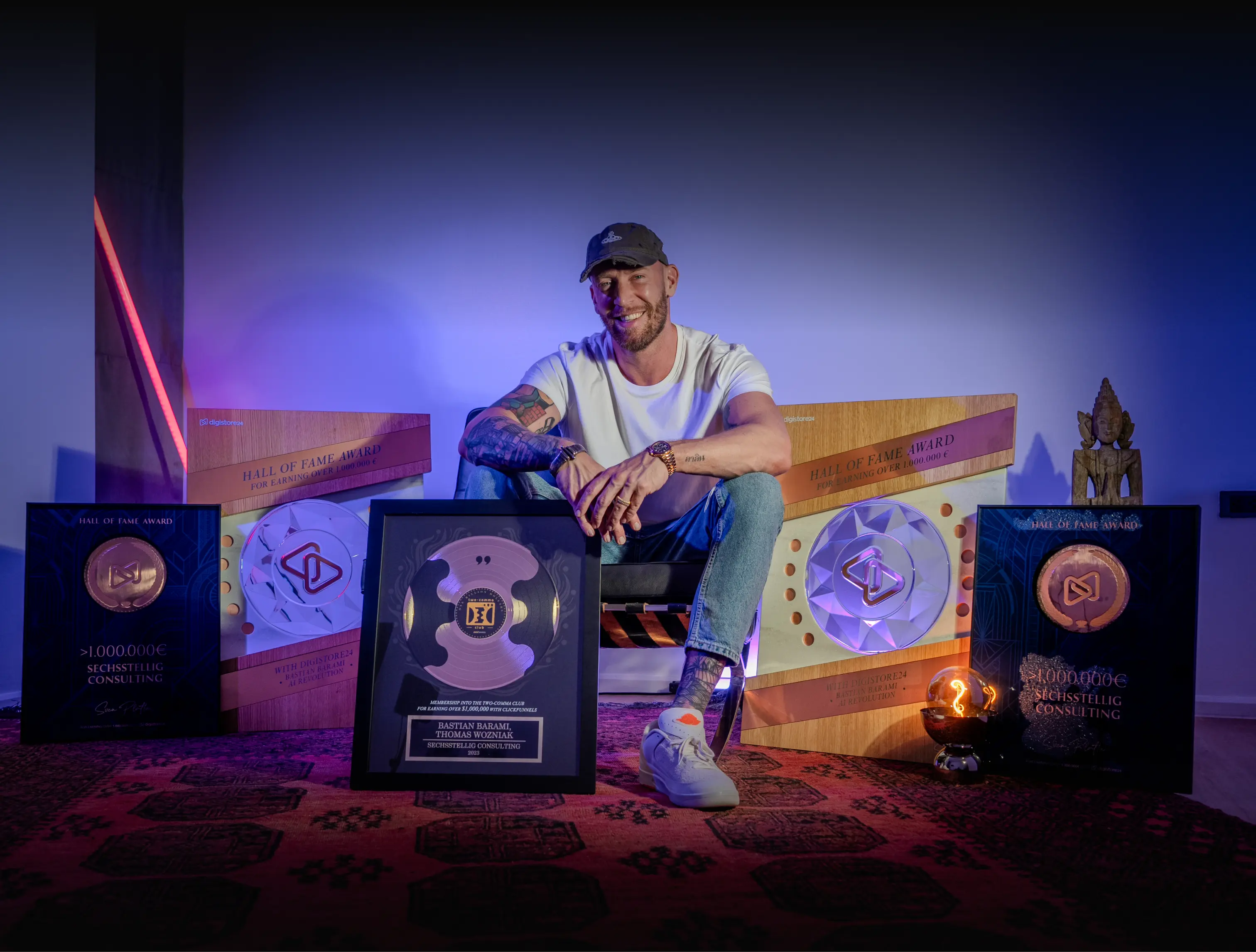 Screenshot of a German text message conversation about registering 2 customers for tomorrow who definitely want to buy, mentioning adapting DM scripts based on AI Business Engine output.