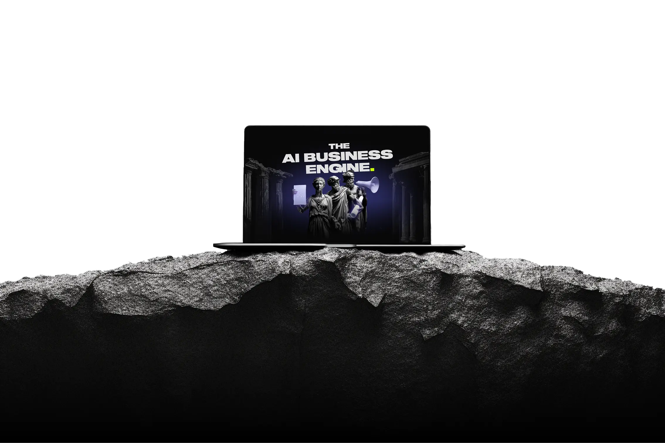 Laptop on a rocky surface with a screen showing classical statues and text 'THE AI BUSINESS ENGINE.'