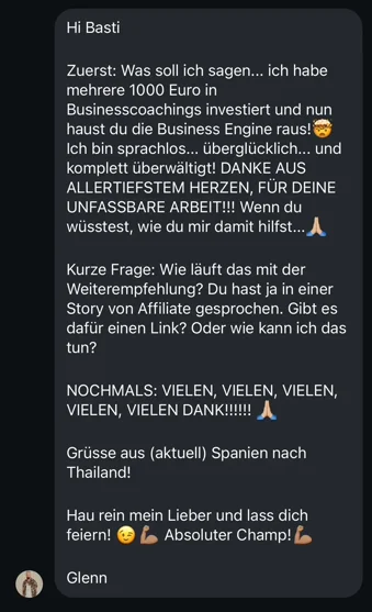 AI Business Engine - Kunde Glenn über AI Business Engine die tausende Euro Coaching ersetzt mit Dankbarkeit