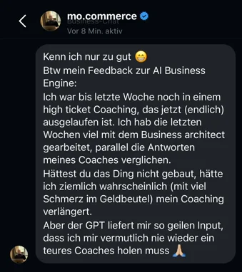 AI Business Engine - Nachricht von mo.commerce über GPT als Ersatz für teures Coaching für Selbstständige