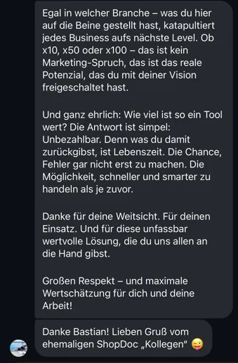 AI Business Engine - Kundennachricht über den unbezahlbaren Wert des KI-Kurses für schnelleres Business-Wachstum