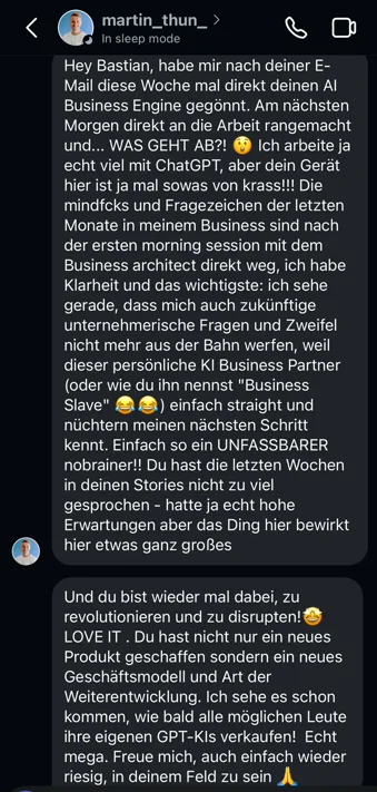 AI Business Engine - Nachricht von martin_thun_ der die AI Business Engine als persönlichen KI Business Partner bezeichnet