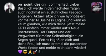 AI Business Engine - Instagram-Kommentar von on_point_design über GPTs als Wegweiser für die Selbstständigkeit